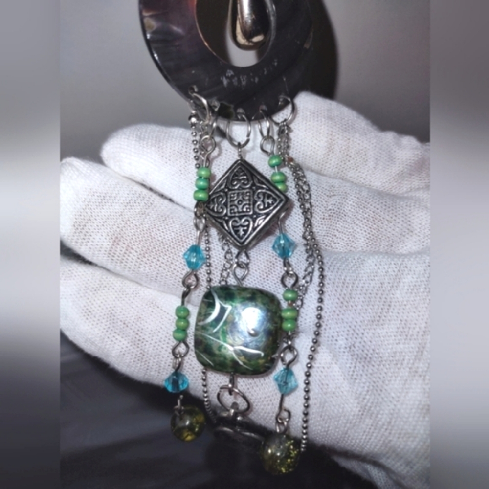 Natural Shell Pendant Necklace with Green Beads & Tassel